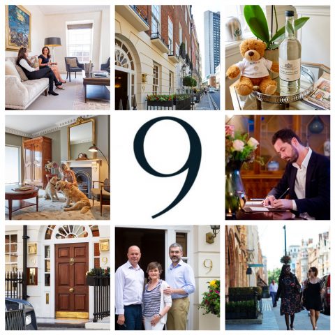9 images of Hertford Street, Mayfair, showing the exterior, the team, shopping guests, the front door, a guest with a dog, a business guest working at the desk in his apartment, the 9 Hertford Street teddy bear and two friends in an apartment.