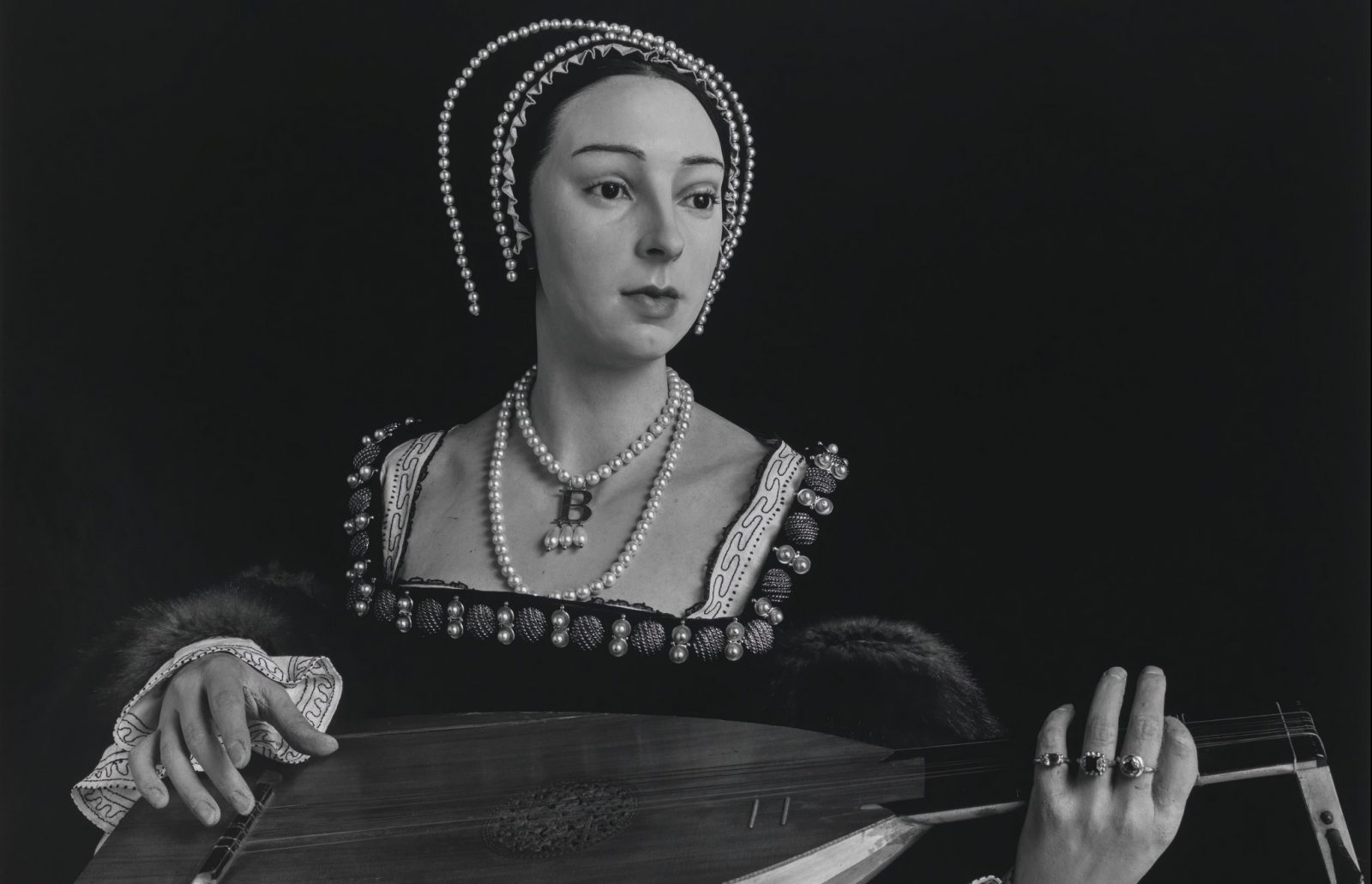 Black and white photograph of Anne Boleyn's waxwork model from Madame Tussauds, taken by Hiroshi Sugimoto in 1999 and featuring in the National Portrait Gallery's Six Lives exhibition.