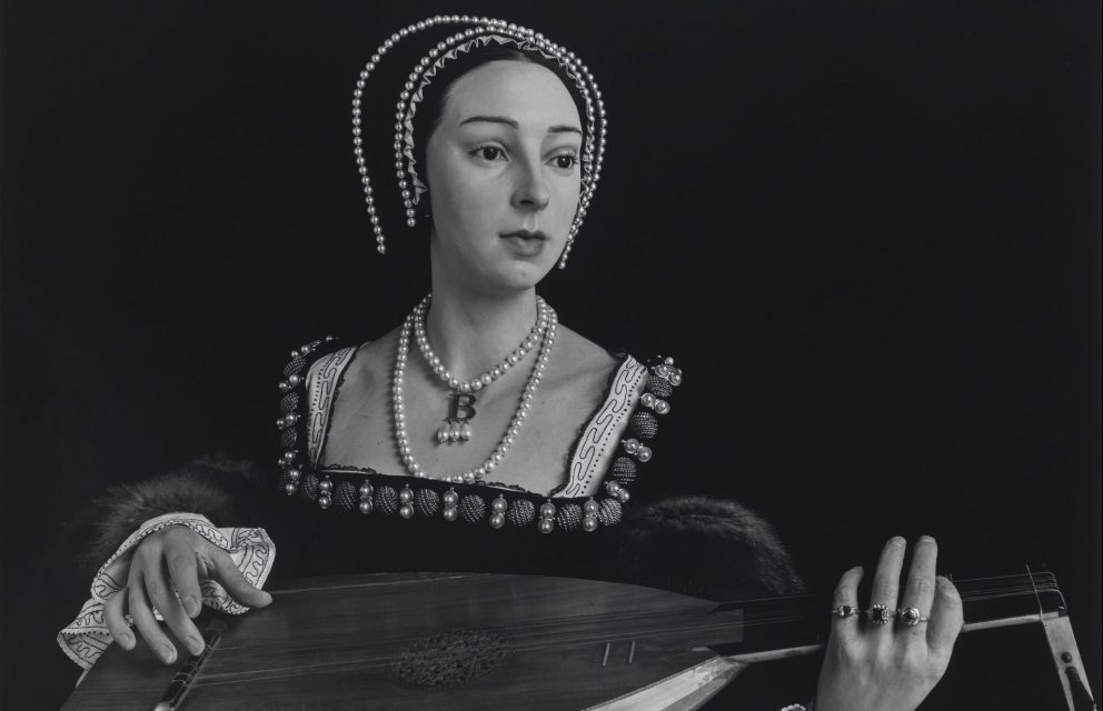 Black and white photograph of Anne Boleyn's waxwork model from Madame Tussauds, taken by Hiroshi Sugimoto in 1999 and featuring in the National Portrait Gallery's Six Lives exhibition.